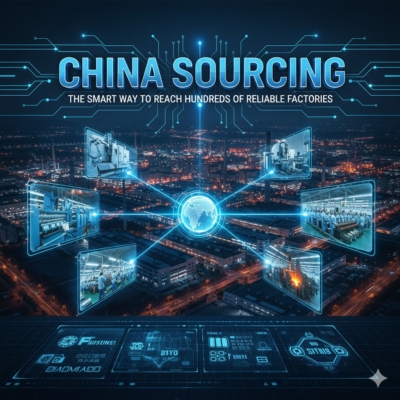 China sourcing network showing factories, CNC machines, manufacturing lines, and industrial processes connected through a digital platform.