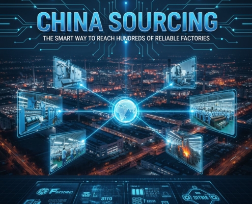 China sourcing network showing factories, CNC machines, manufacturing lines, and industrial processes connected through a digital platform.