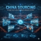 China sourcing network showing factories, CNC machines, manufacturing lines, and industrial processes connected through a digital platform.