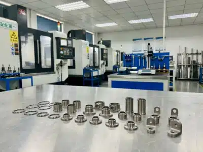 Precision CNC machined titanium parts displayed in a machining workshop